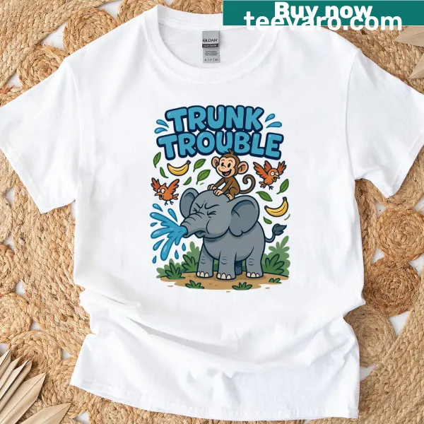 Cartoon T-shirt depicting a monkey and elephant in a water fight