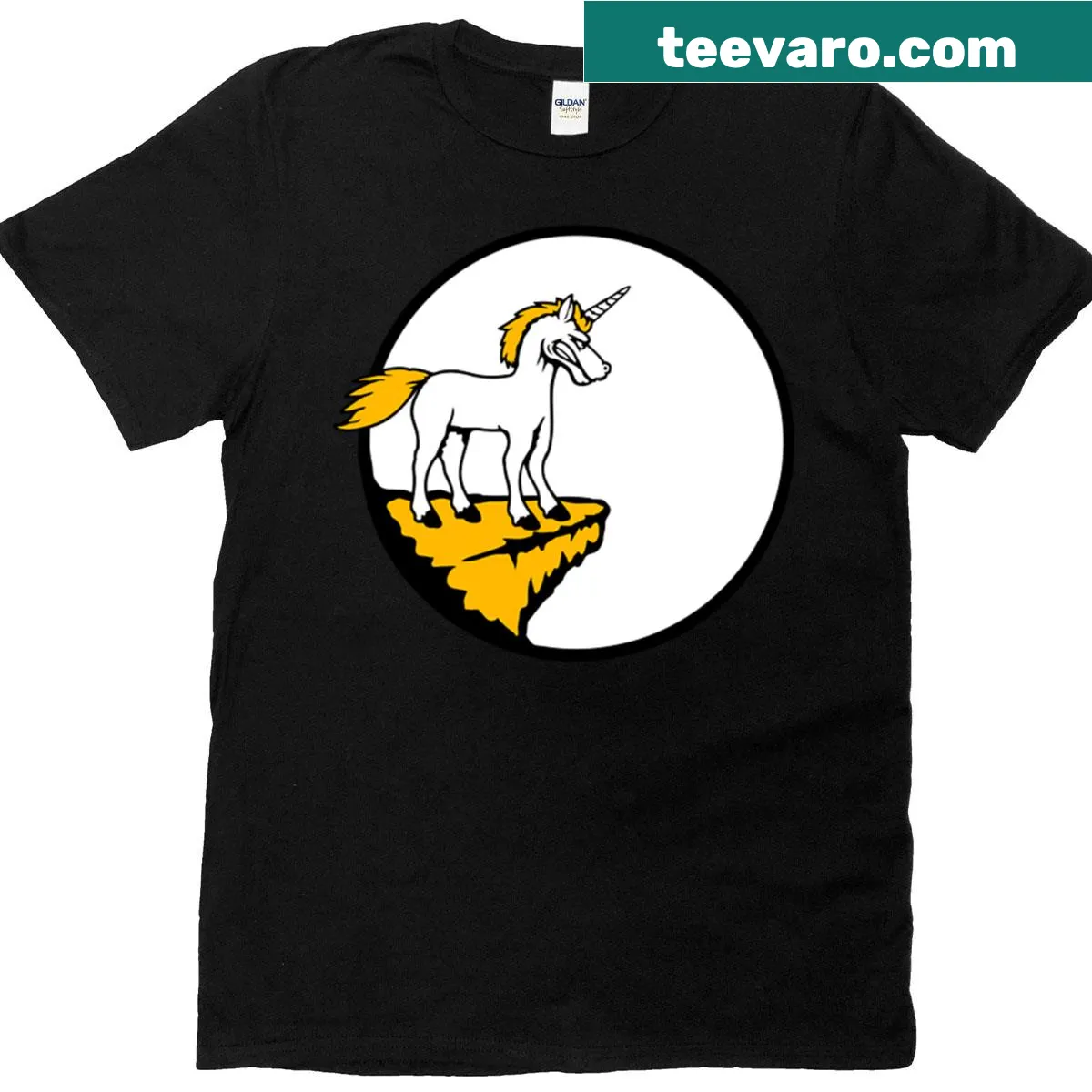 Whimsical unicorn on a cliff graphic featured on a T-shirt. — on a men's t-shirt