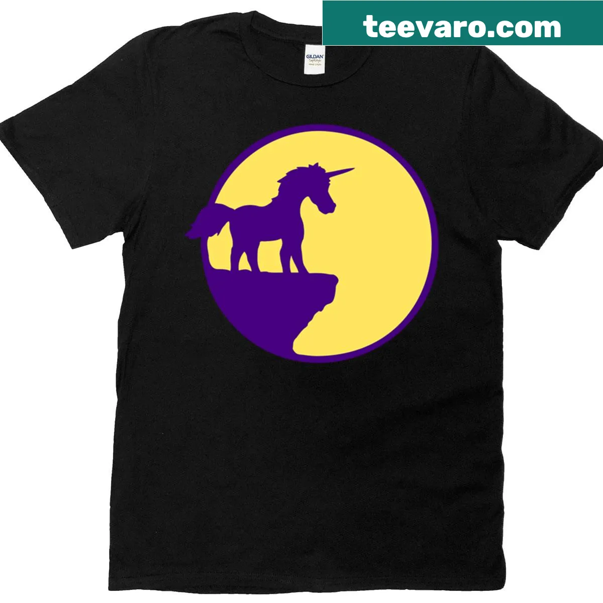 Silhouette unicorn on a cliff at night with sun and moon — on a men's t-shirt