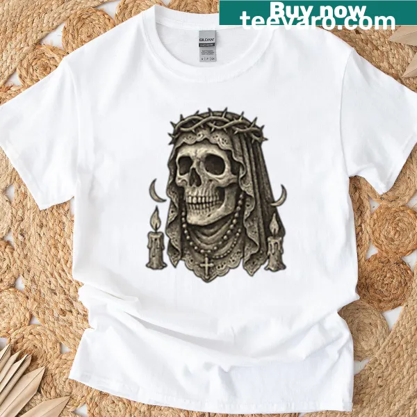 T-shirt featuring a detailed veiled skull illustration