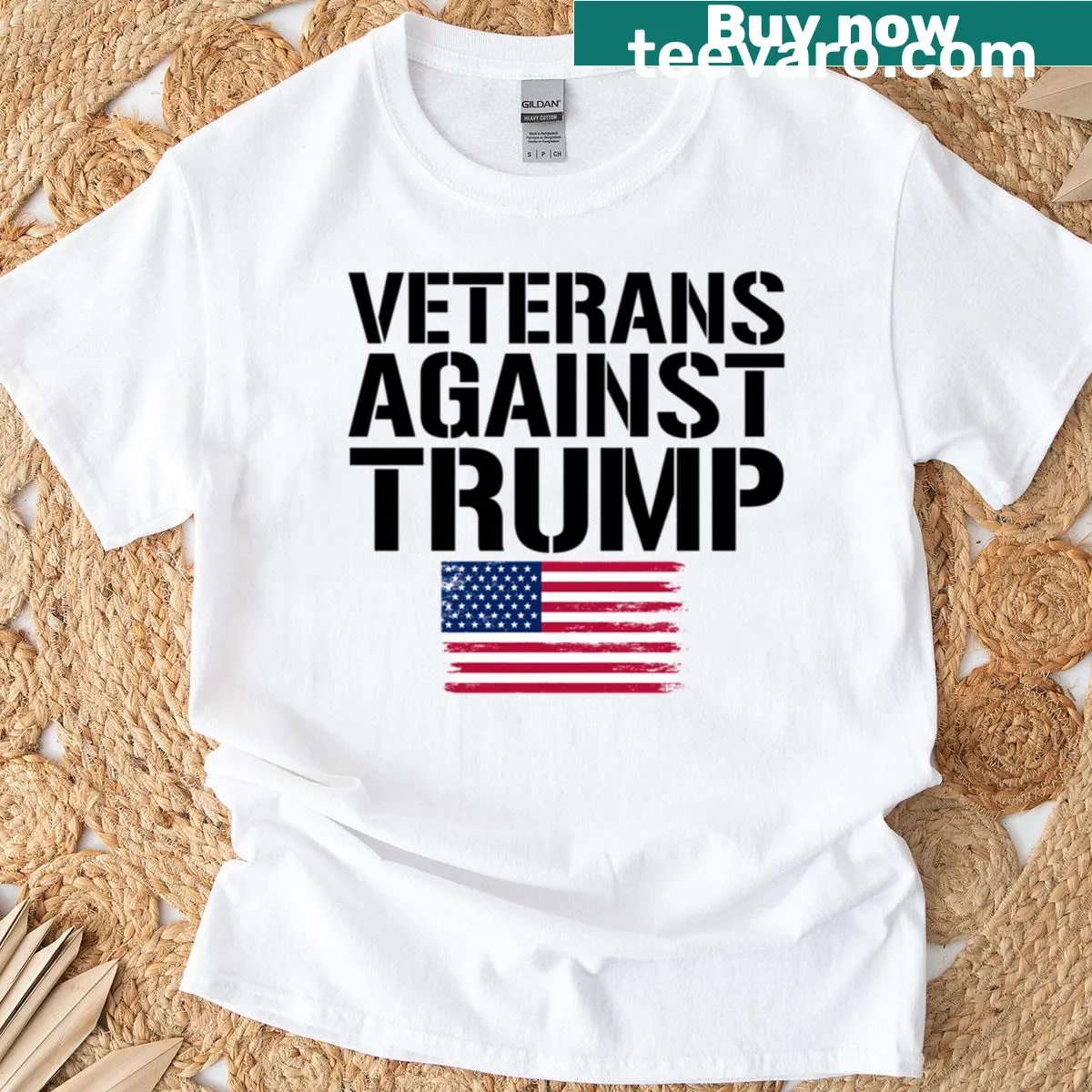 T-shirt with bold text expressing veterans' opposition to Trump — on a men's t-shirt