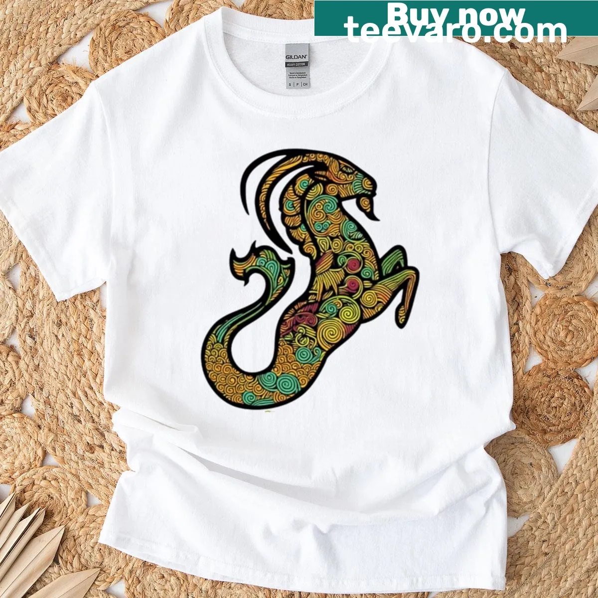 Intricate Capricorn mandala design on a t-shirt. — on a men's t-shirt