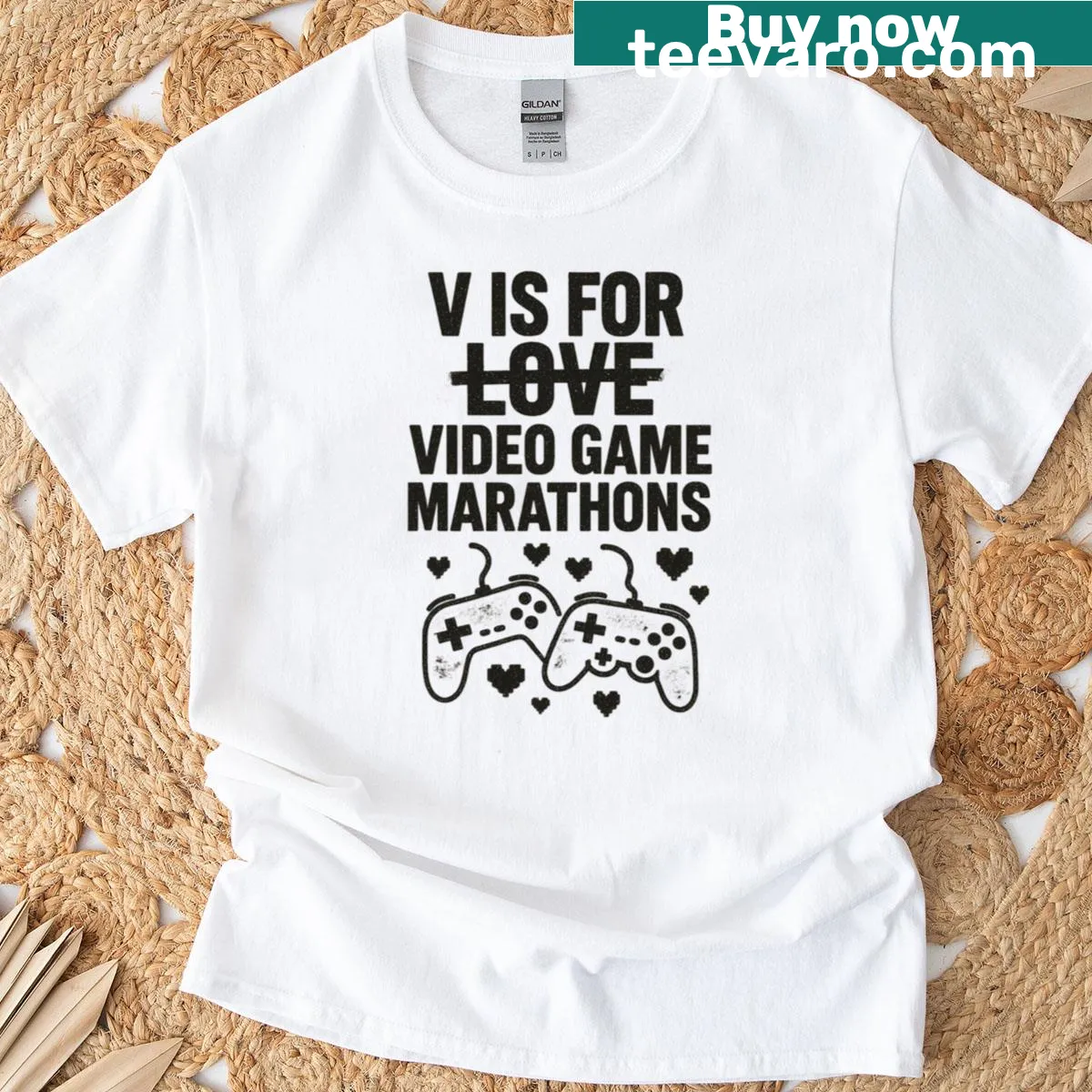 Illustrative graphic representing love and gaming on a t-shirt — on a men's t-shirt