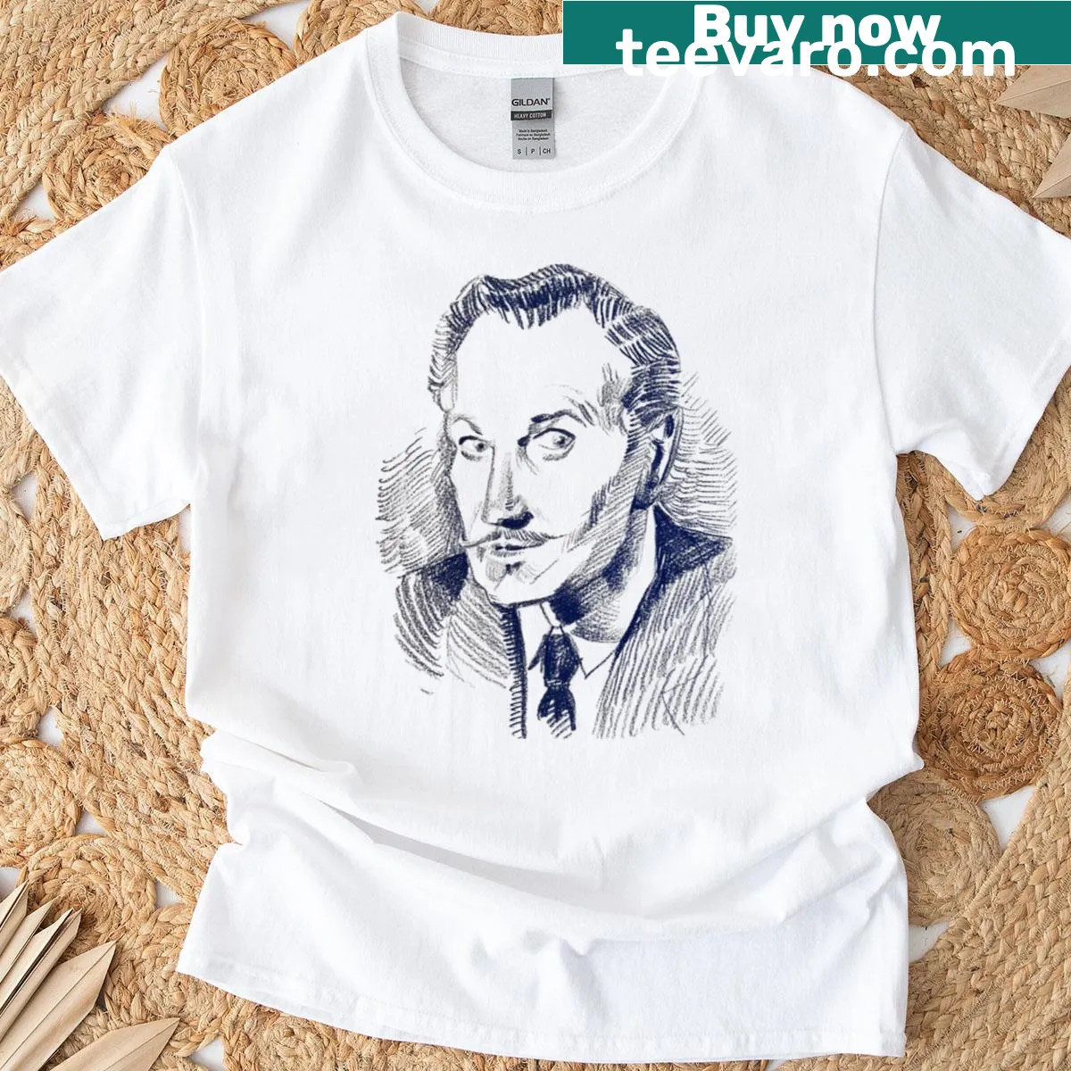 Vintage-style T-shirt featuring a portrait of Vincent Price — on a men's t-shirt
