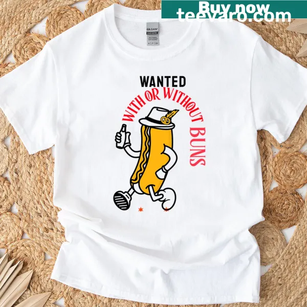 Humorous 'Wanted Hotdog' graphic on a casual T-shirt