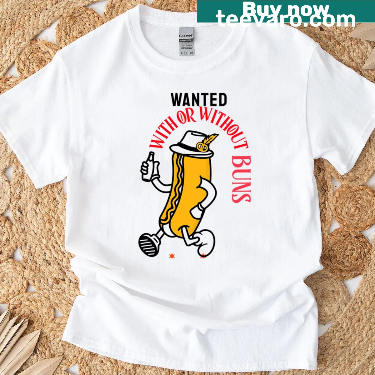 Humorous 'Wanted Hotdog' graphic on a casual T-shirt — on a men's t-shirt