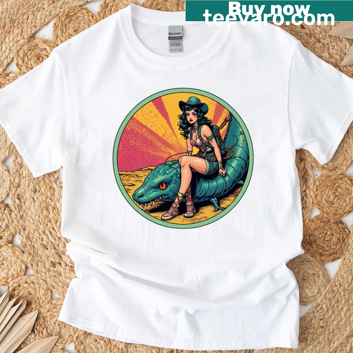 Stylized illustration of a girl in a wasteland setting on a t-shirt — on a men's t-shirt