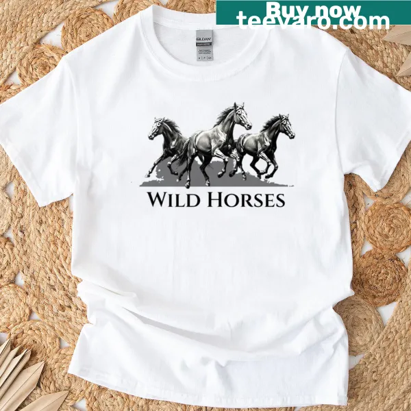 Artistic design of wild horses galloping, symbolizing freedom.