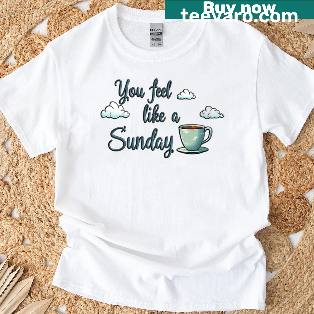Cozy Sunday themed t-shirt with coffee and cloudy mood graphics — on a men's t-shirt