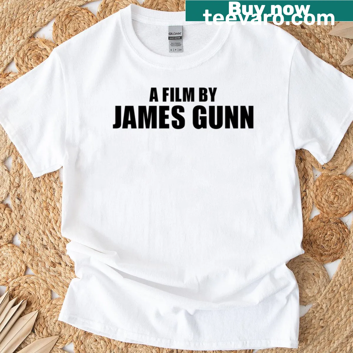 Illustrative t-shirt inspired by the style of James Gunn — on a men's t-shirt