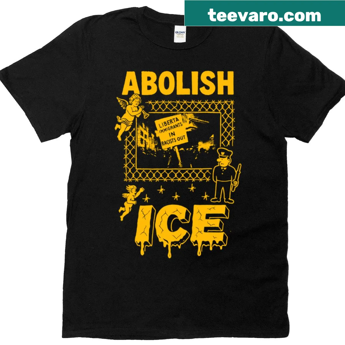 Distressed T-shirt with 'Abolish Ice Liberta Immigrants In Racist Out' slogan — on a men's t-shirt
