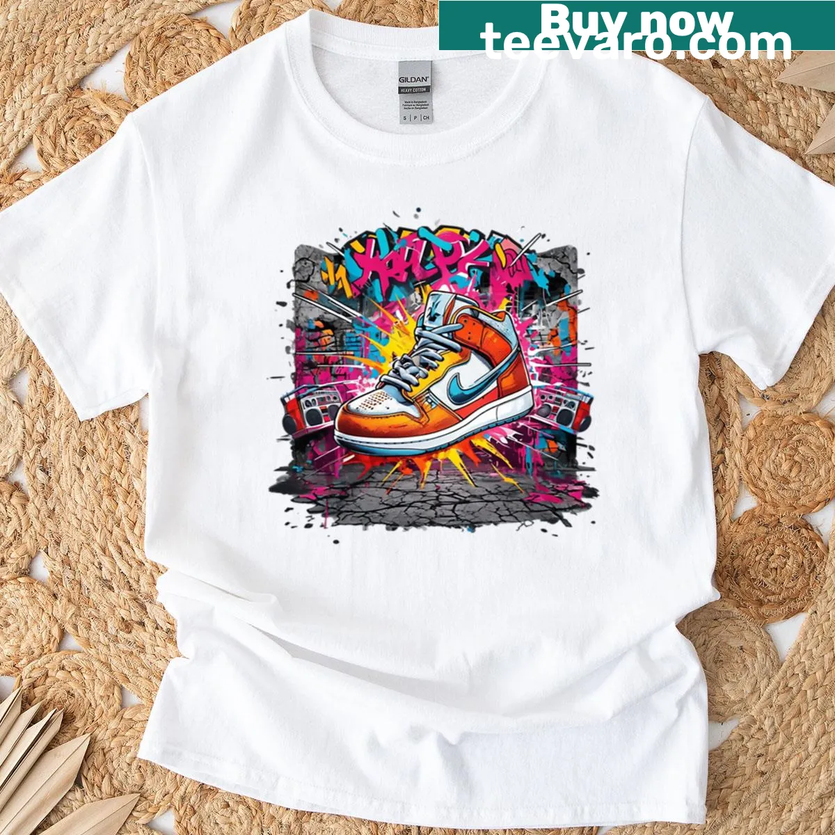 Trendy T-shirt featuring a sneaker design inspired by streetwear culture. — on a men's t-shirt