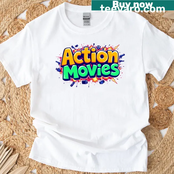 Illustrated design celebrating action movies on a t-shirt.