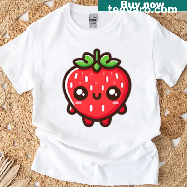 Kawaii cartoon strawberry design on a t-shirt.