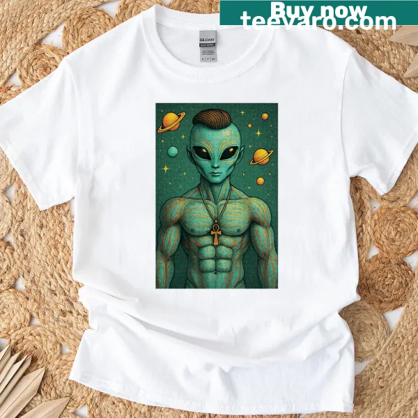 Illustration of an alien warrior with an ankh necklace on a t-shirt.