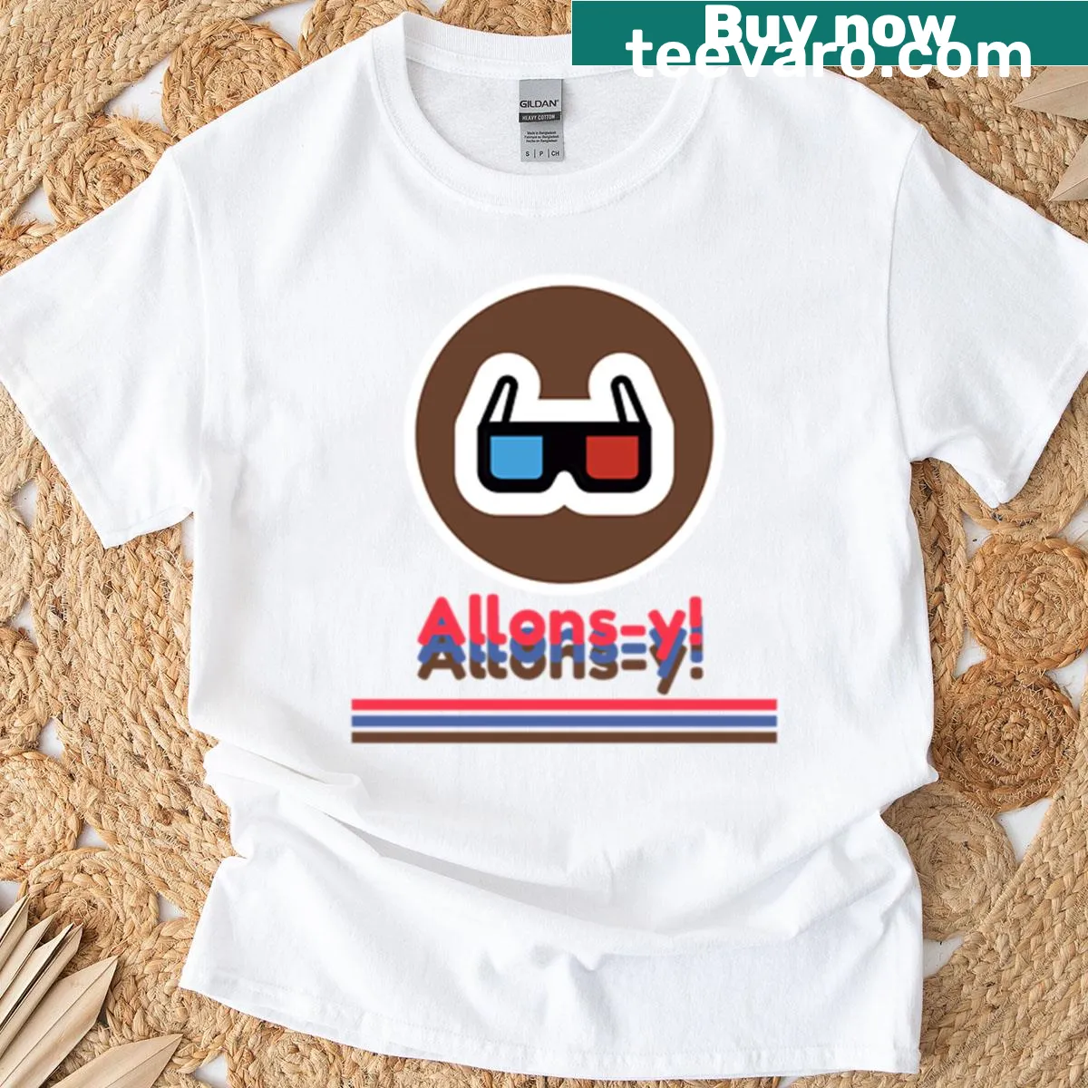 Retro t-shirt featuring the phrase 'Allons-y'. — on a men's t-shirt