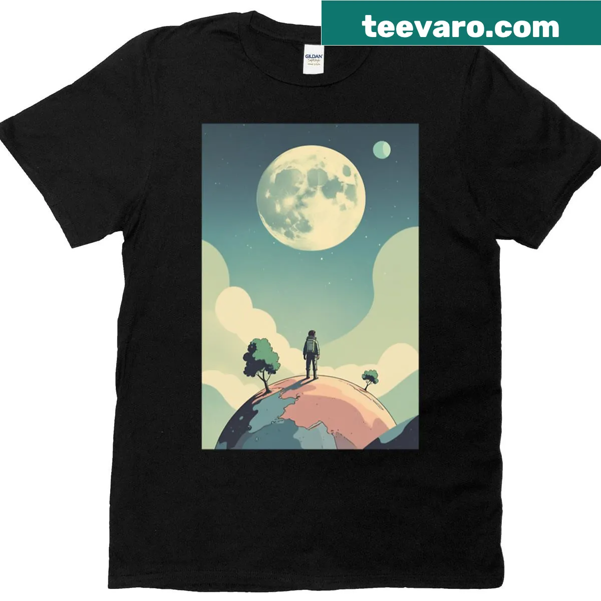 Whimsical space explorer on a tiny planet t-shirt — on a men's t-shirt