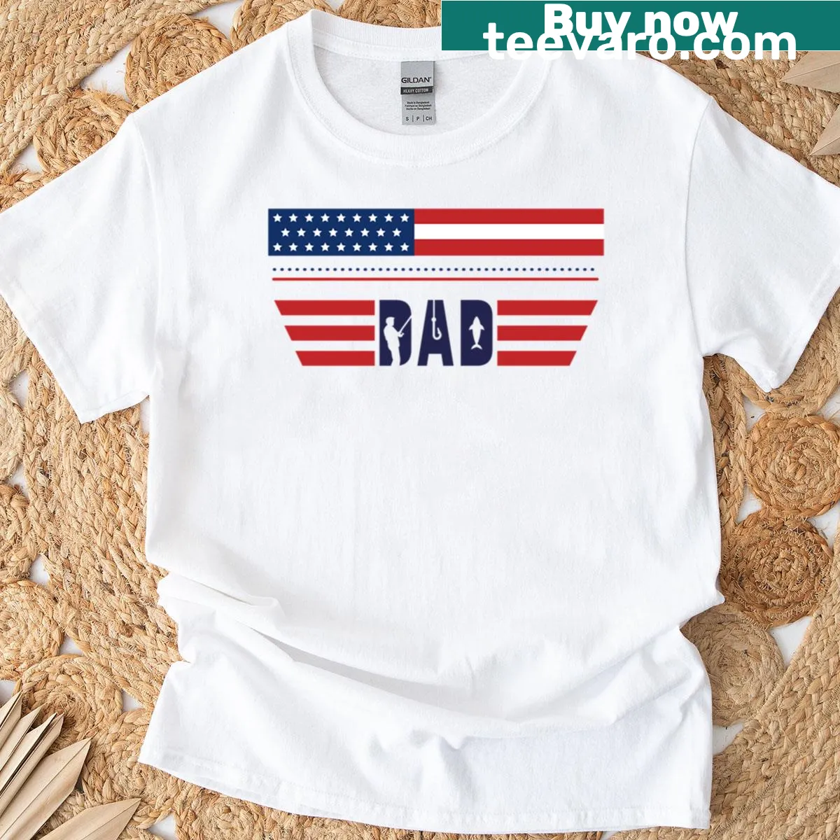 American flag and fishing-themed design for dads — on a men's t-shirt
