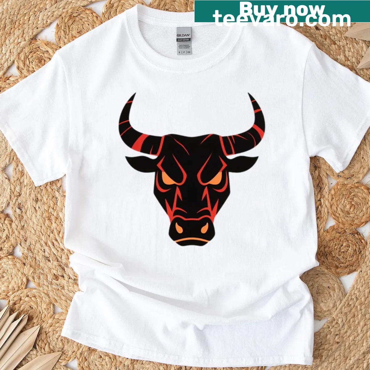 Illustration of an angry bull in a powerful stance on a t-shirt — on a men's t-shirt