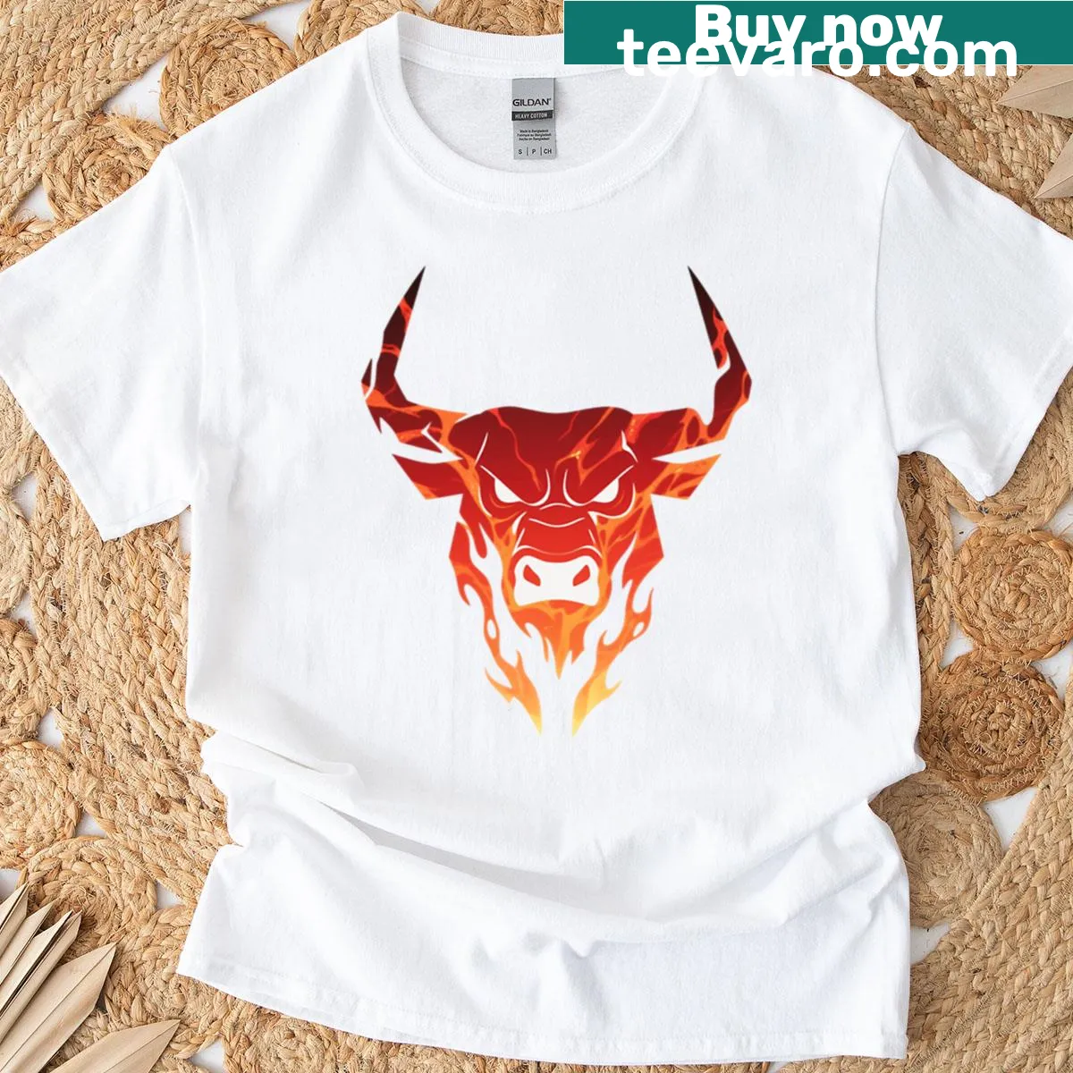 Magma-themed angry bull illustration on a t-shirt — on a men's t-shirt