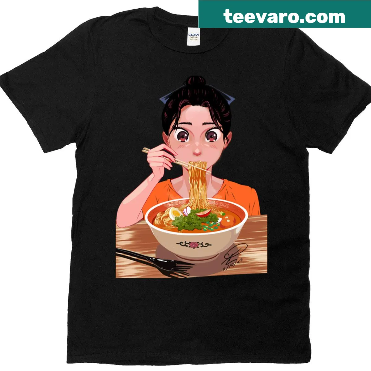 Anime girl illustration enjoying ramen on a T-shirt — on a men's t-shirt