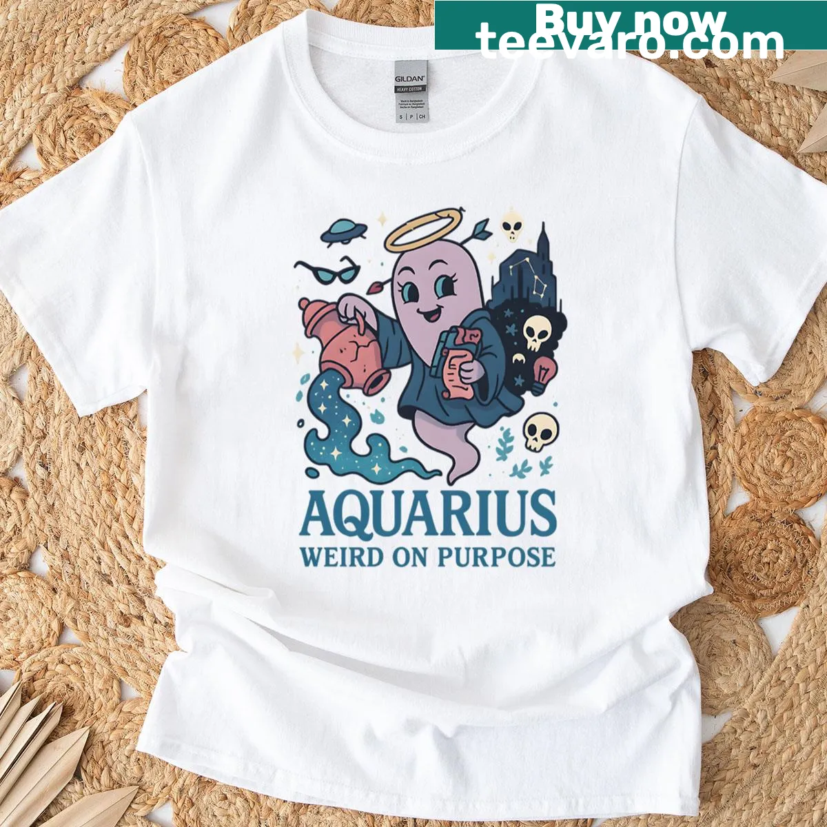 Whimsical ghost design representing Aquarius on a t-shirt — on a men's t-shirt