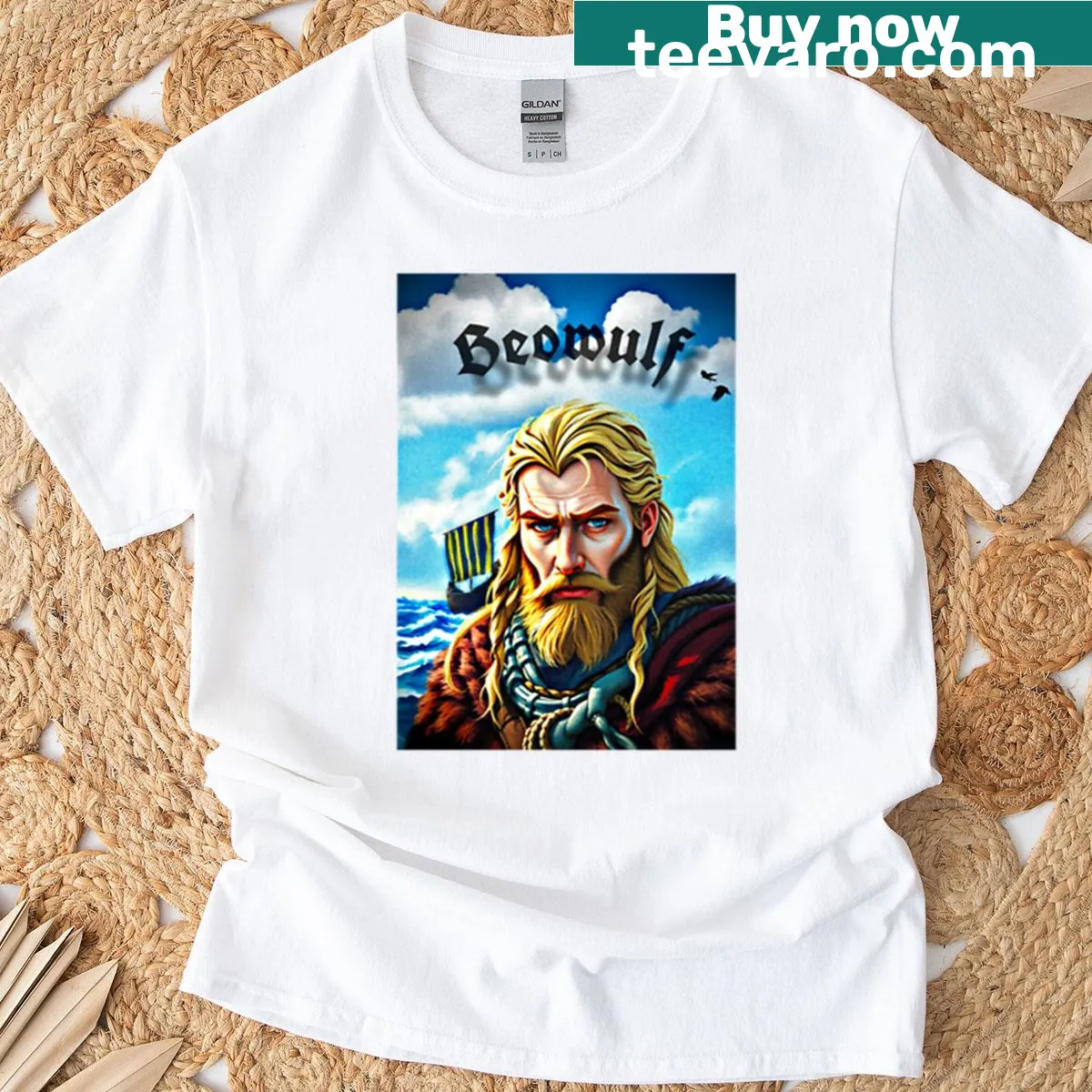 Graphic design inspired by the epic tale of Beowulf on a t-shirt — on a men's t-shirt