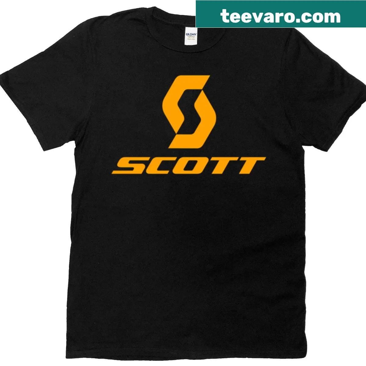 Scott bike logo graphic T-shirt in playful style — on a men's t-shirt