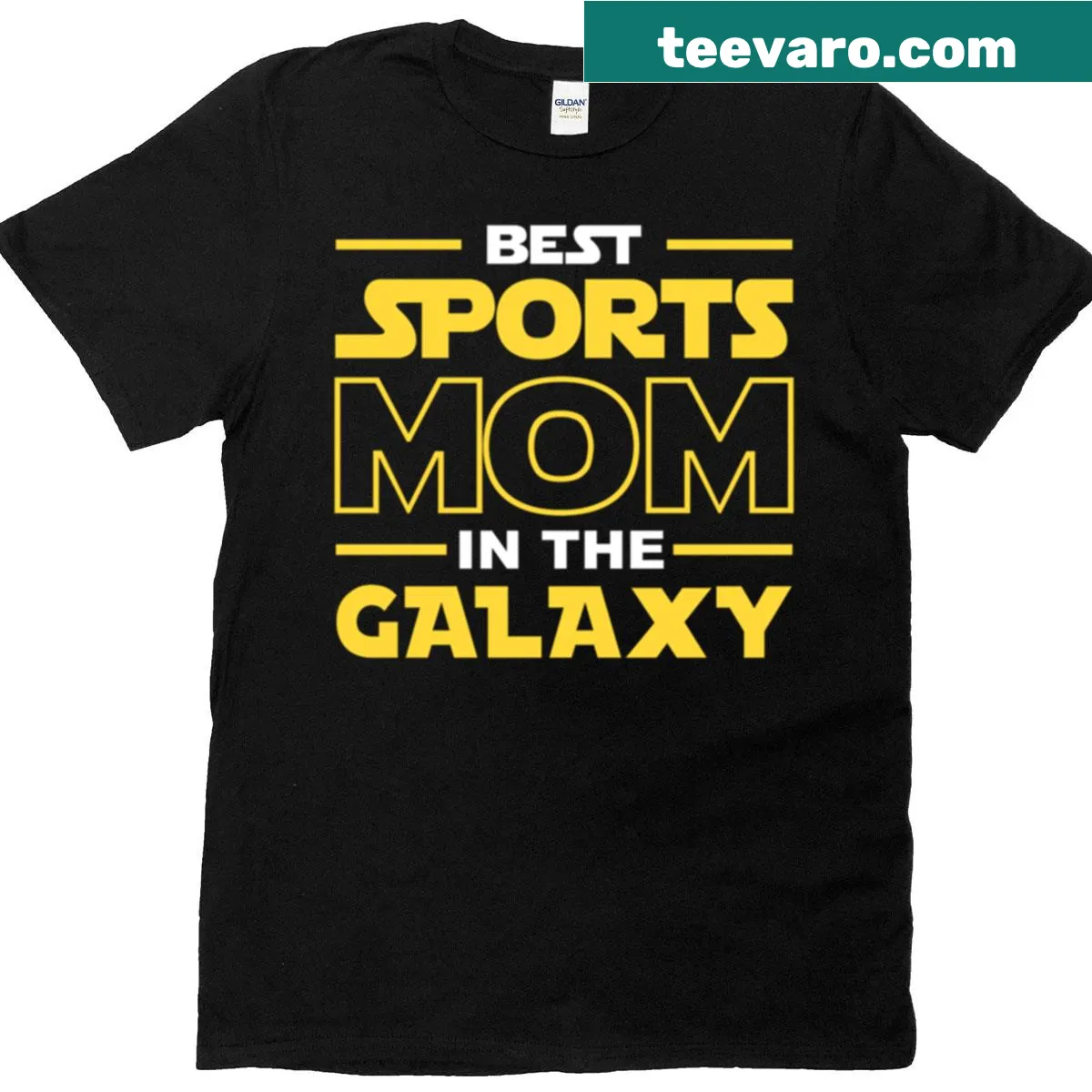 Typography t-shirt for sports moms proclaiming 'Best Sports Mom In The Galaxy' — on a men's t-shirt