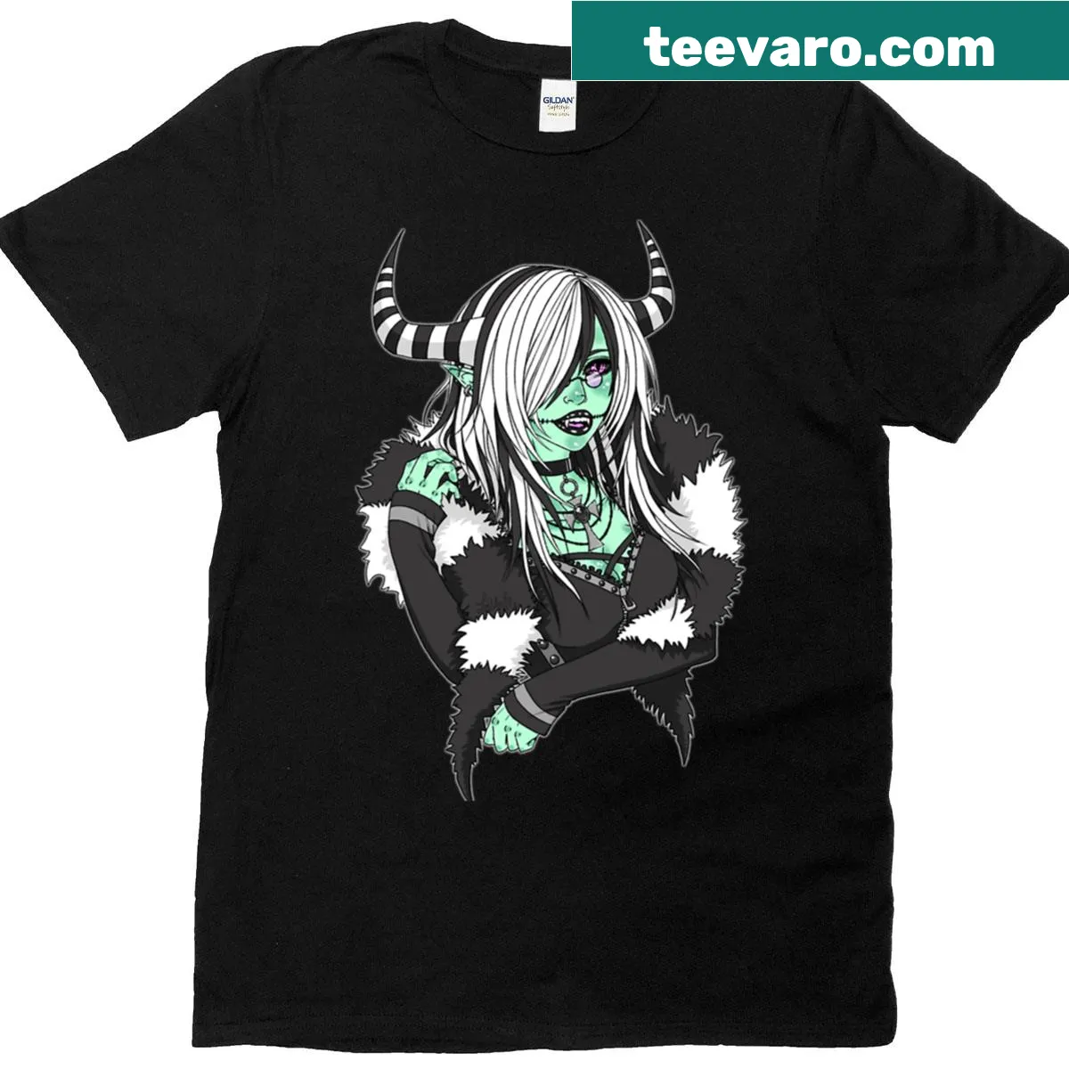 T-shirt with an illustration of a black and white demoness — on a men's t-shirt
