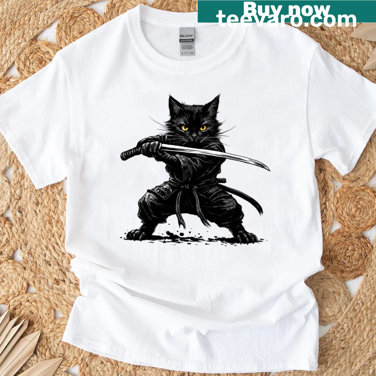 Illustration of a black cat ninja with a samurai sword — on a men's t-shirt