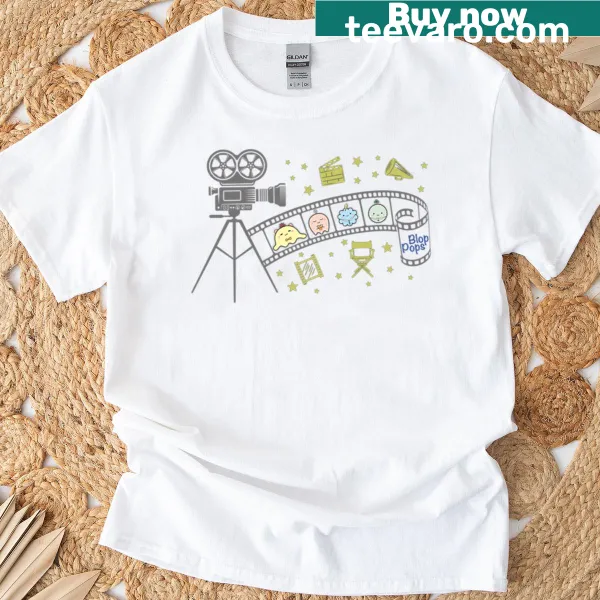 Cartoon film camera graphic on a playful t-shirt, perfect for photography fans