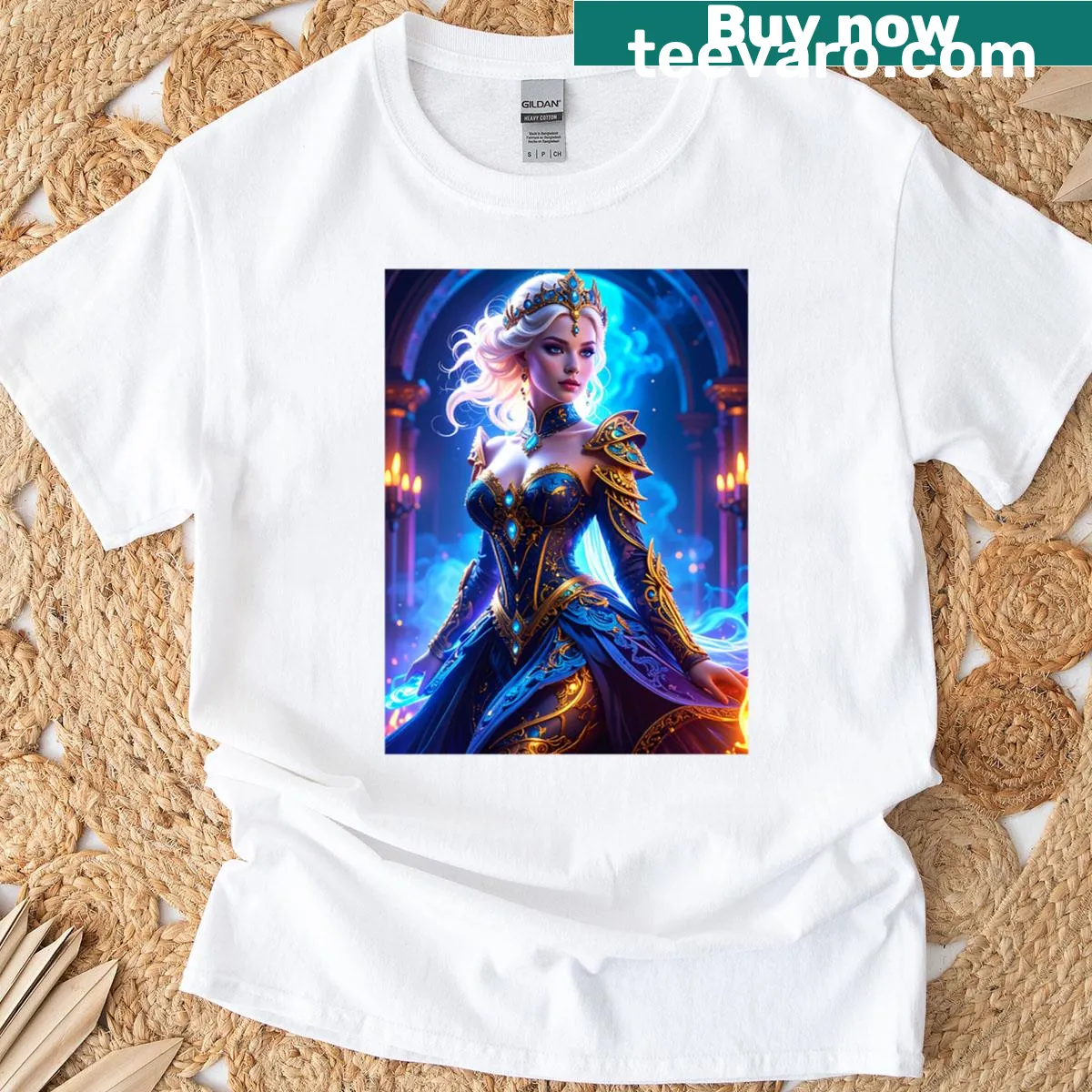 Synthwave-style princess graphic in blue and gold on a t-shirt — on a men's t-shirt