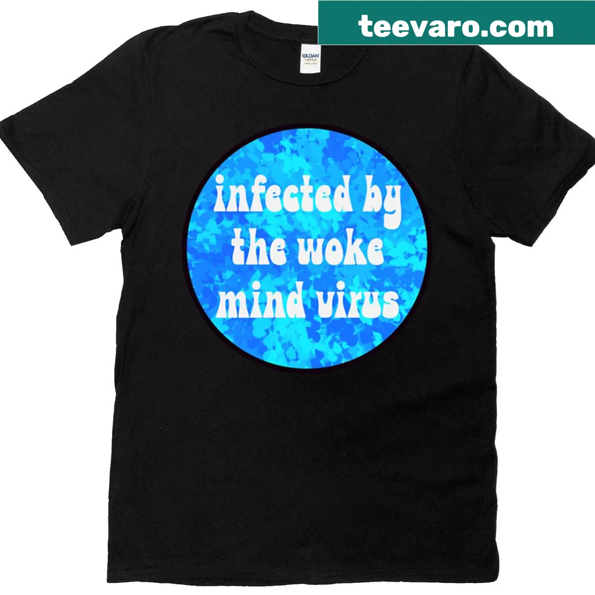 Illustrative Woke Mind Virus graphic T-shirt in playful style — on a men's t-shirt
