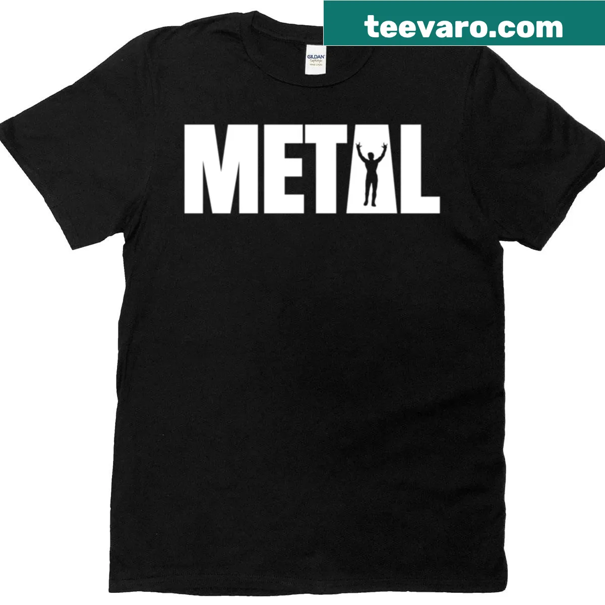 T-shirt with a bold heavy metal hand sign and typography — on a men's t-shirt