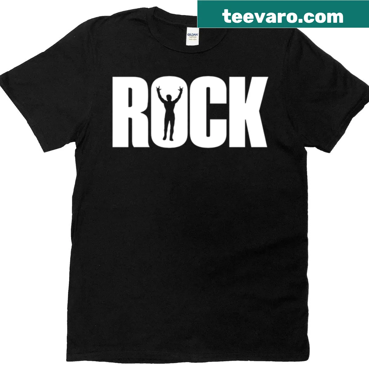 80s style heavy metal hand sign t-shirt — on a men's t-shirt