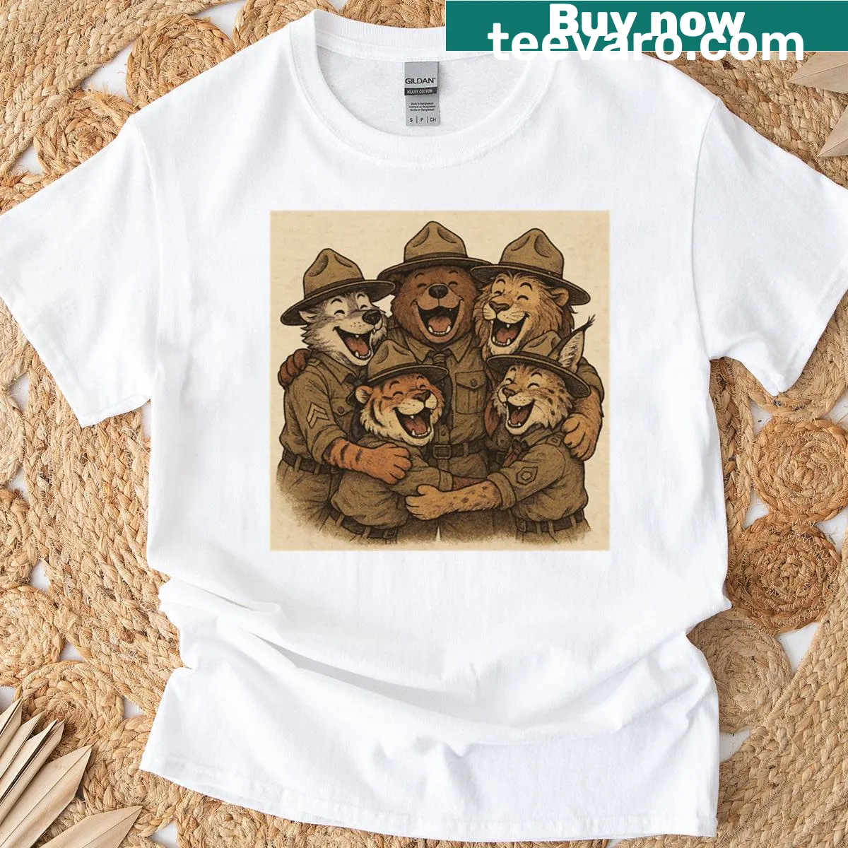 Illustrated t-shirt celebrating friendship among Boy Scouts with adventurous graphics. — on a men's t-shirt