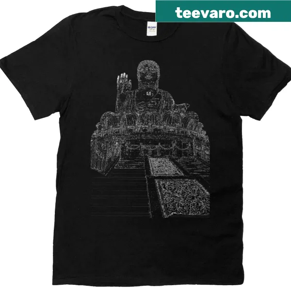 Serene illustration of Buddha sitting calmly on a T-shirt.