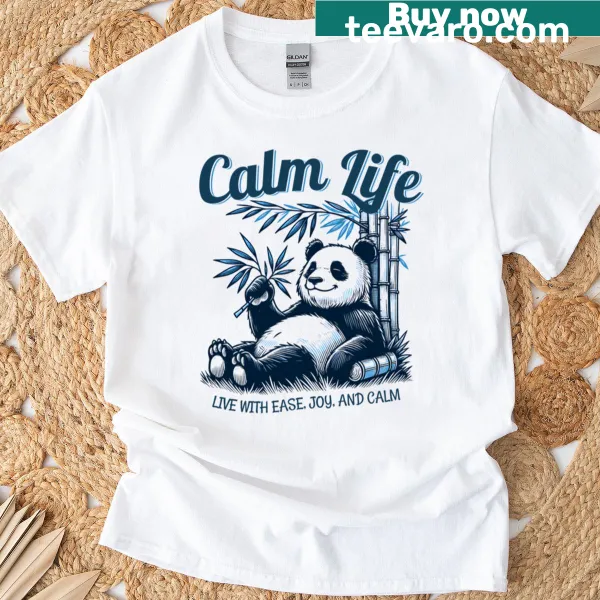 Calm Life Panda t-shirt with relaxing design and palm trees