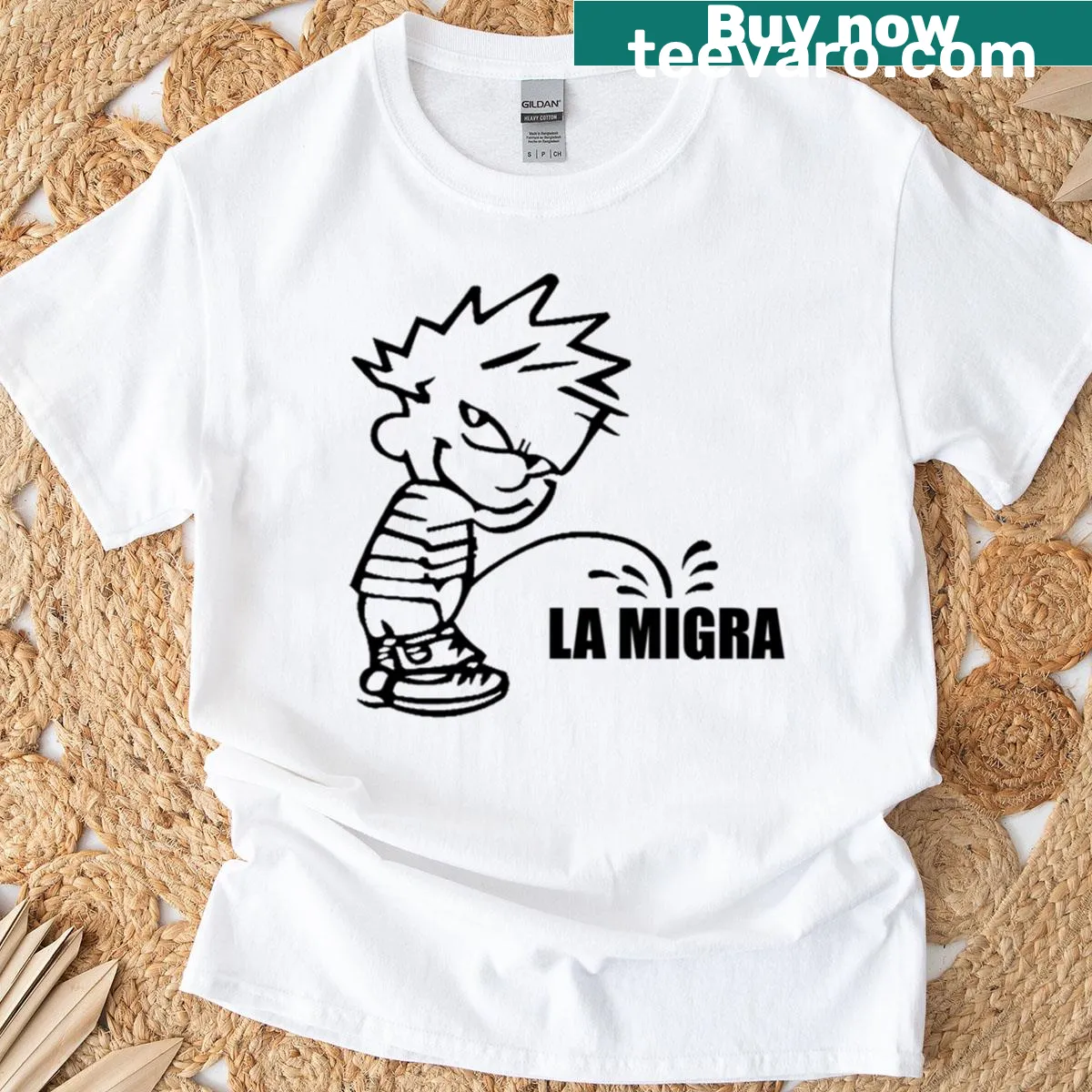 Calvin cartoon urinating design on a humorous T-shirt — on a men's t-shirt