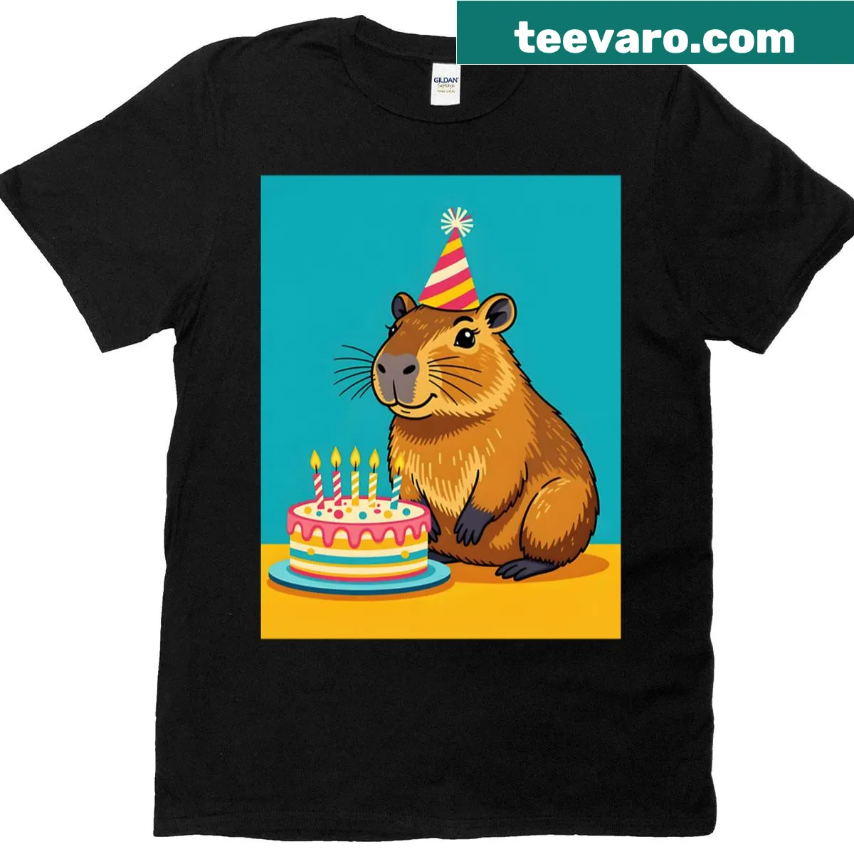 Capybara with birthday cake illustration t-shirt — on a men's t-shirt