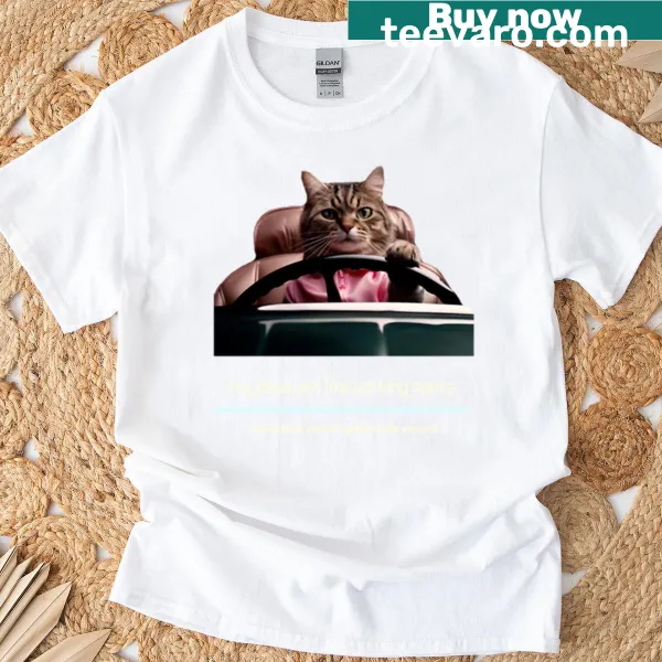 T-shirt with 'Cat Drives The Jokes' text, designed for cat lovers