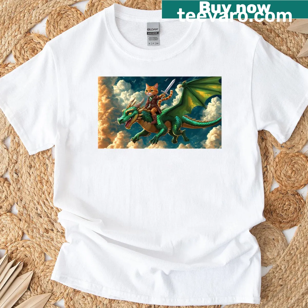 Cartoon cat riding a dragon T-shirt — on a men's t-shirt