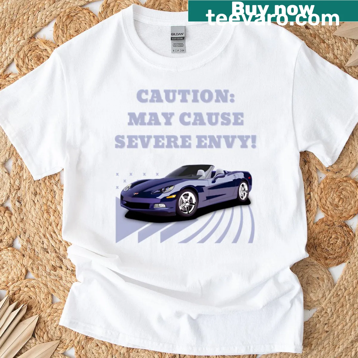 Humorous t-shirt with a warning about sports car envy. — on a men's t-shirt
