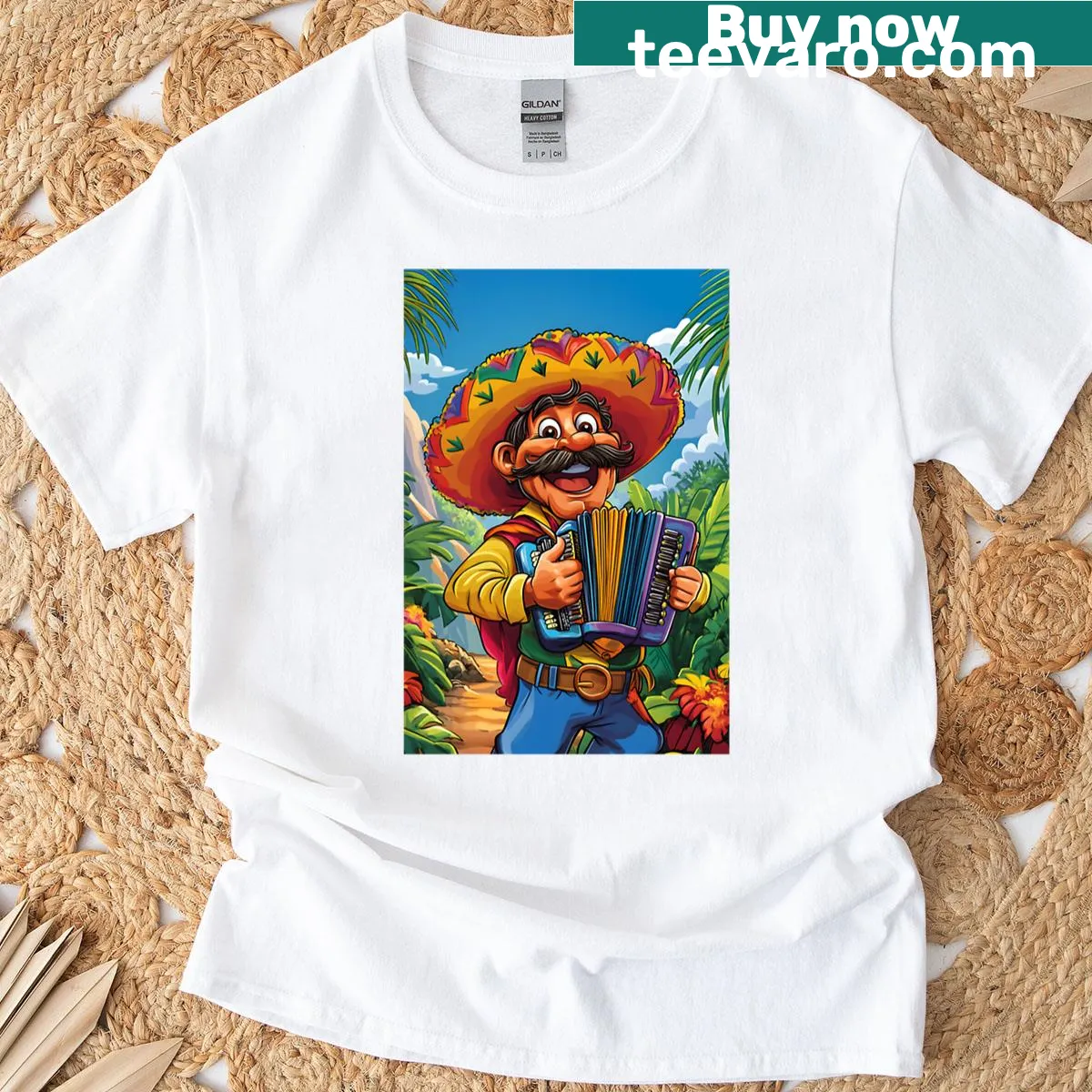 T-shirt featuring a cheerful accordion player in a vibrant landscape — on a men's t-shirt