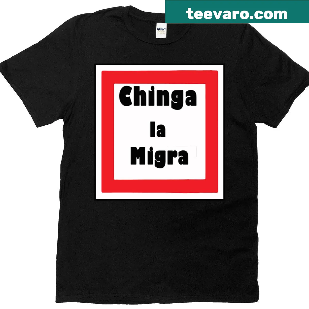 Protest T-shirt with 'Chinga La Migra 2' sticker design — on a men's t-shirt