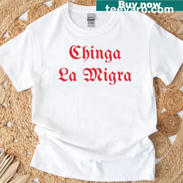 Oversized T-shirt with 'Chinga La Migra' phrase, promoting immigration activism