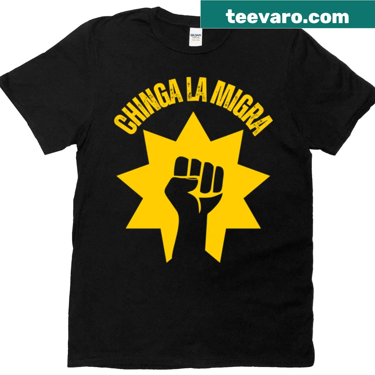 Anti-Trump T-shirt featuring the phrase 'Chinga La Migra' — on a men's t-shirt