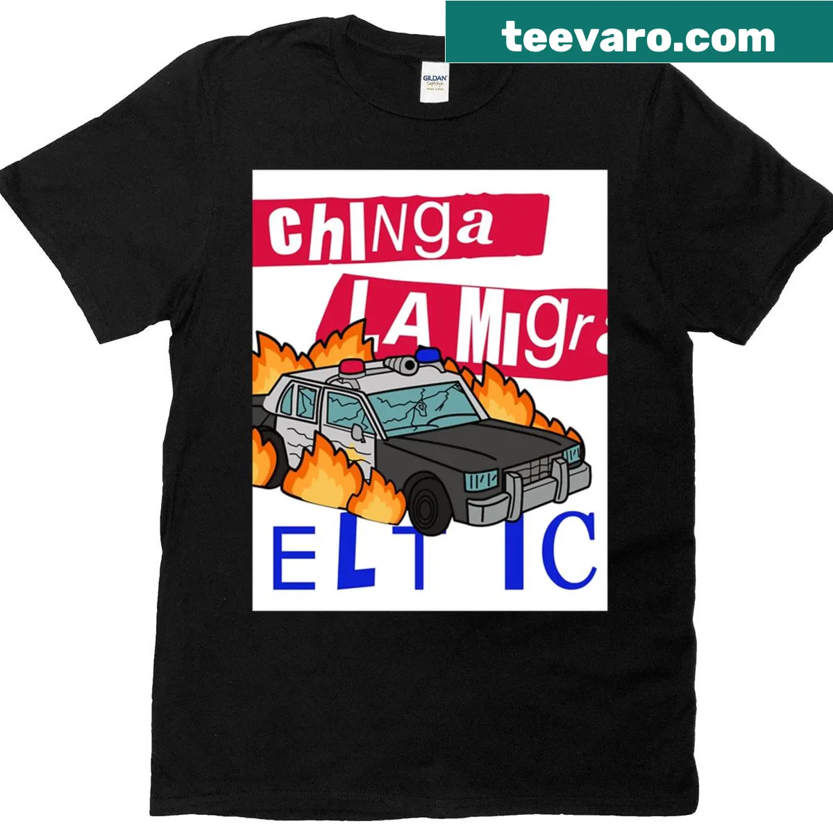 Graphic T-shirt with the impactful phrase 'Chinga La Migra' — on a men's t-shirt