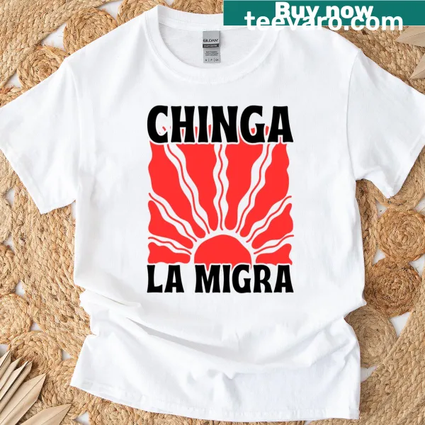 Retro sunset design with text 'Chinga La Migra' on T-shirt.
